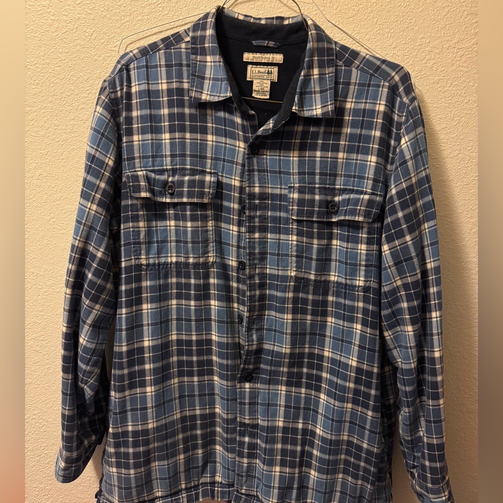 LL Bean Blue Plaid lined Button-Up Shirt